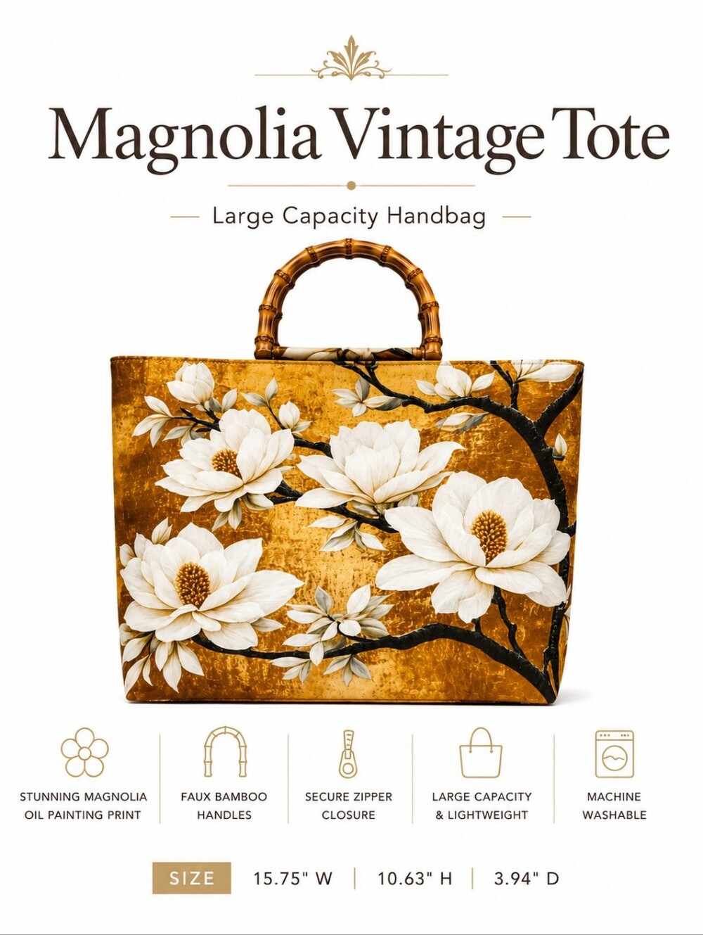 Chinese Vintage Inspired Magnolia Print Double Sided Bamboo Handle Tote Bag NEW